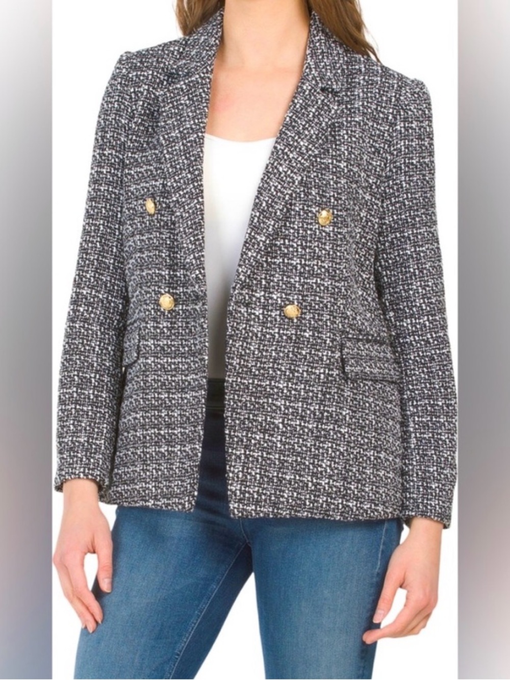 Nanette Lepore Black & White Boucle Tweed Double Breasted Blazer Size 6